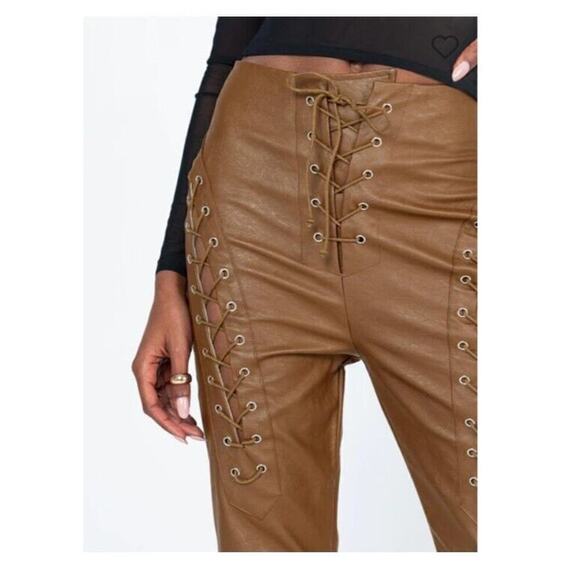 Princess Polly Pants 4 Harvey Faux Leather Lace Up High Rise Brown Flare NEW - Picture 2 of 10